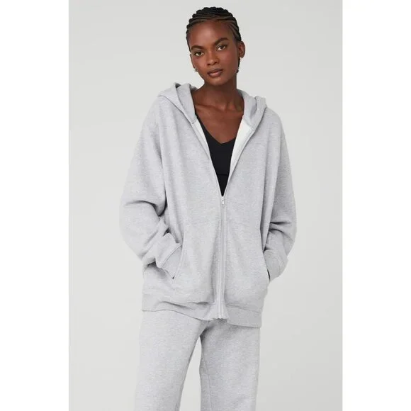 ALO Yoga Renown Full Zip Hoodie in Athletic Heather Grey is